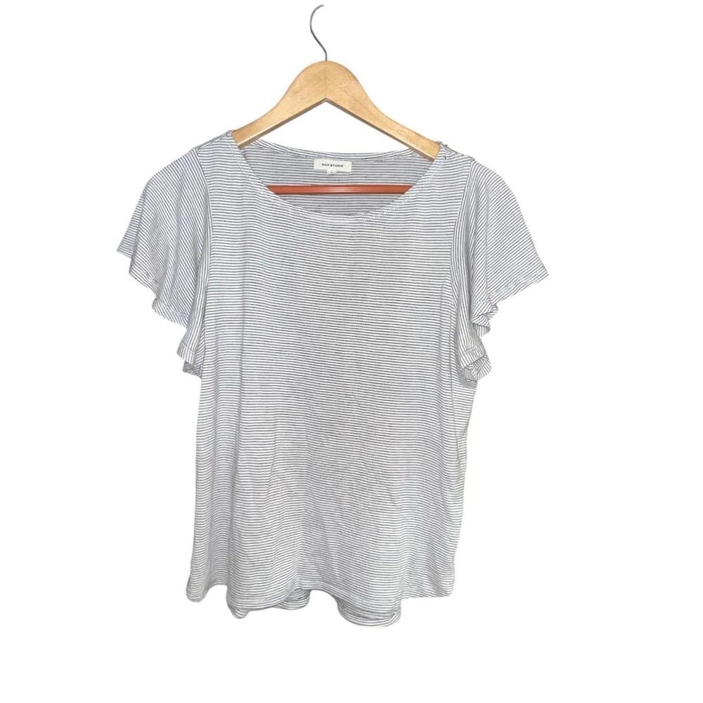 Max Studio Striped Ruffle Sleeve Scoop Neck Stretch Tee Top Gray White Women’s L